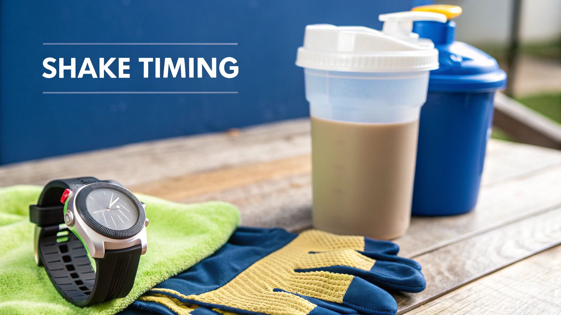 Plant-based protein powder being mixed into a shaker next to running shoes
