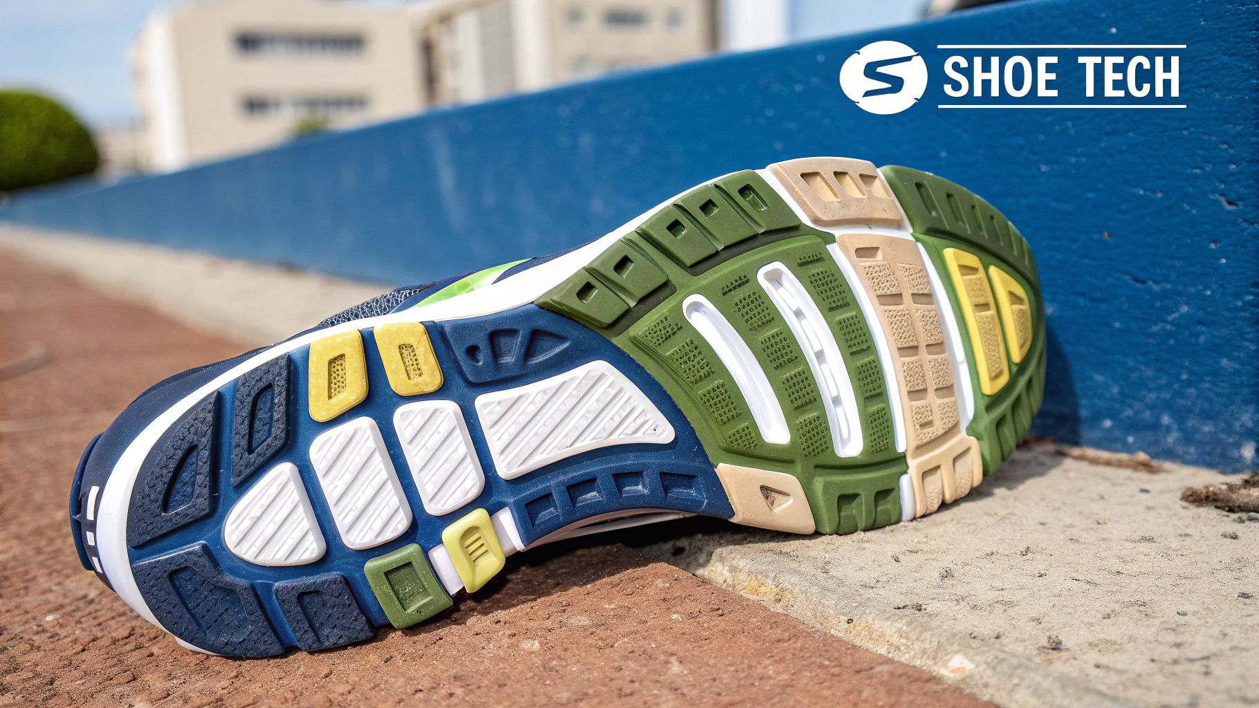 An image showing a cross-section of a running shoe, highlighting the midsole, medial post, and heel counter.