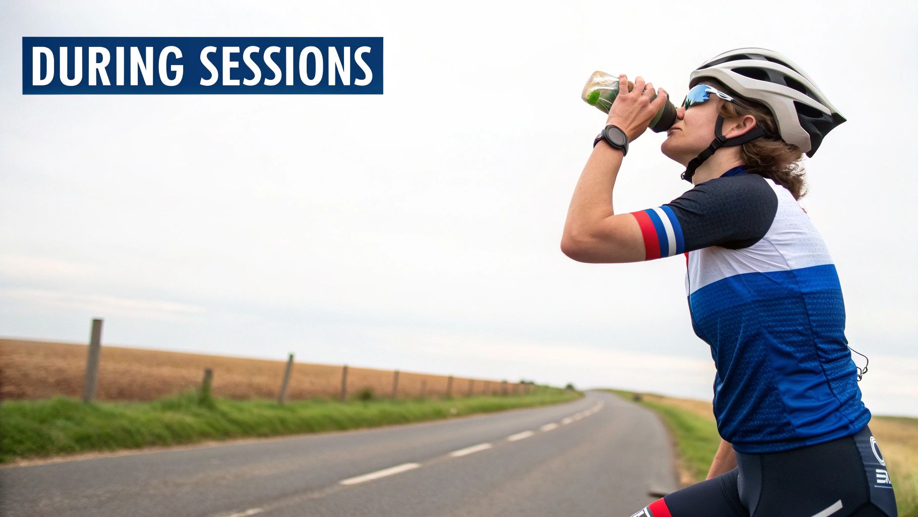 An endurance athlete mixes a UCAN protein shake in a bottle, preparing for a long training session.
