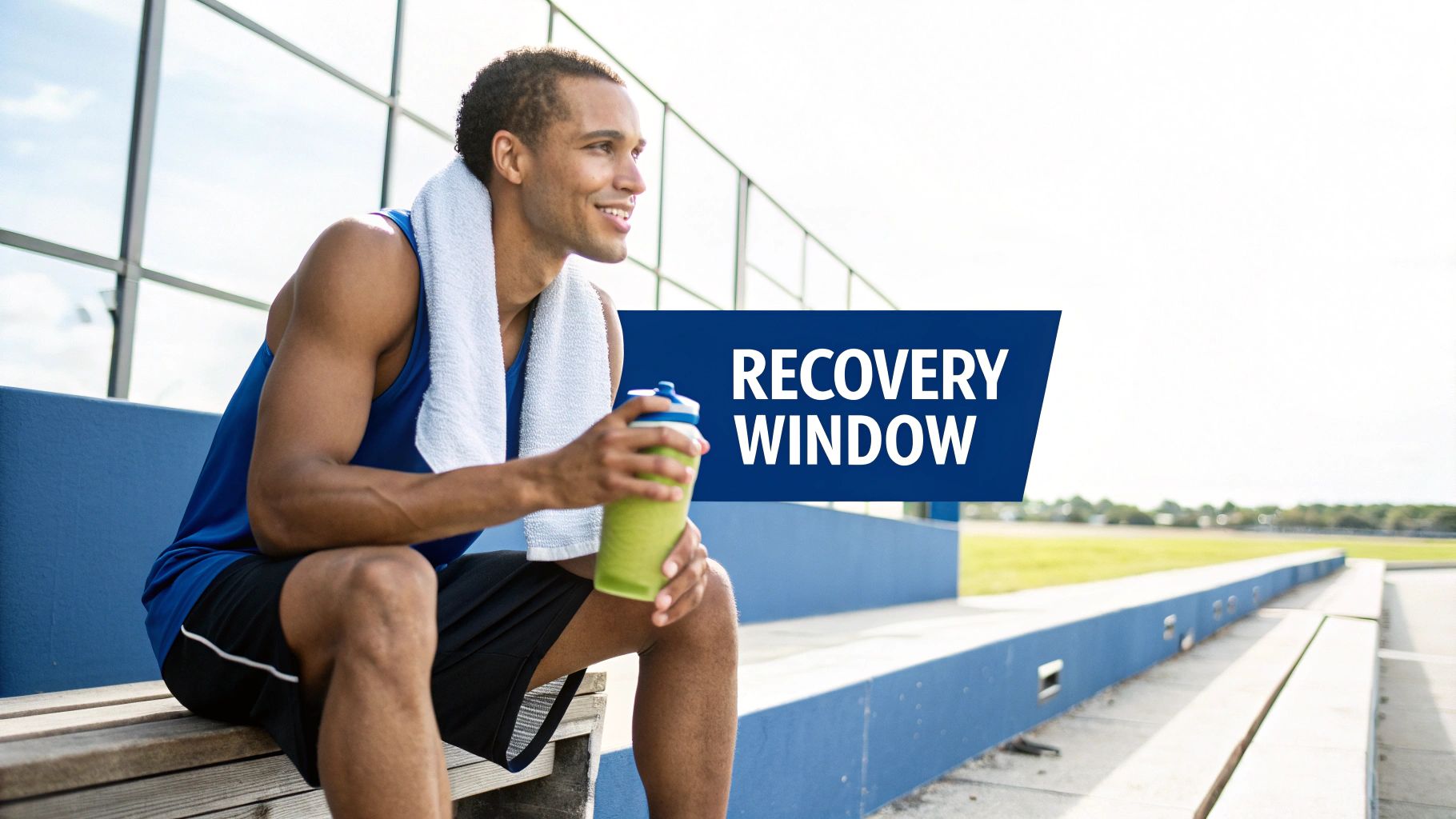 An athlete checks their watch while preparing a protein shake, timing their post-workout recovery.