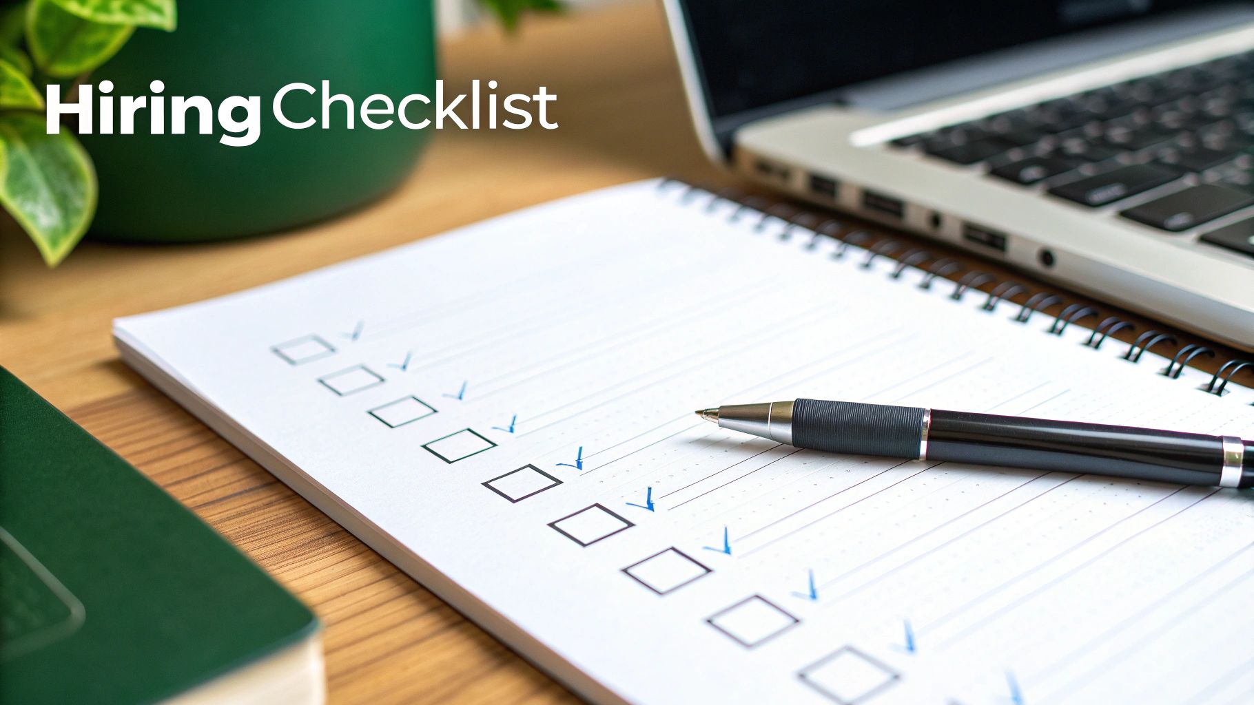 Hiring Checklist title on a notebook with a pen, showing many items checked off.