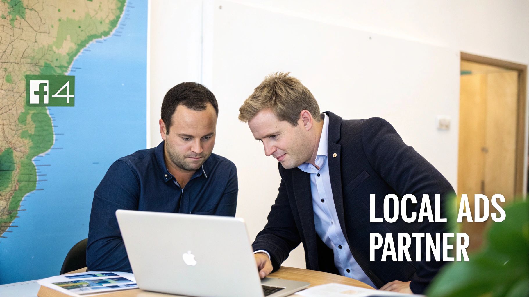 A team collaborating on a Facebook ads strategy on a laptop