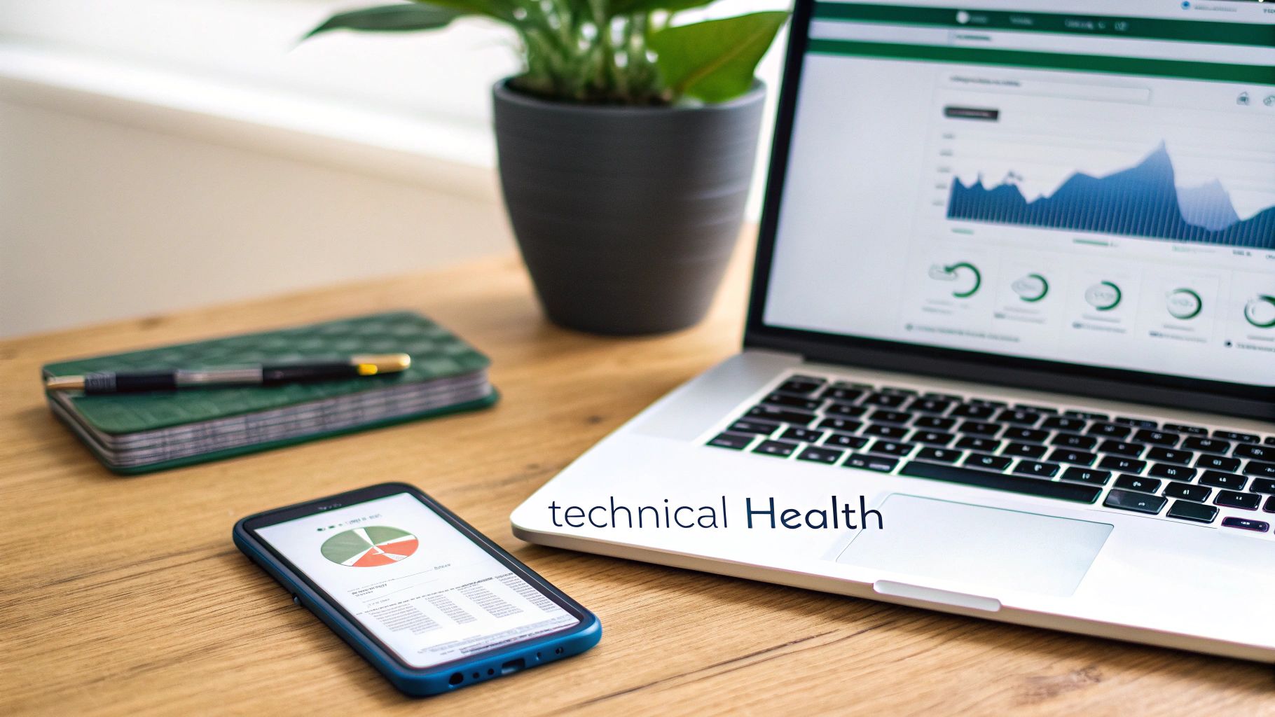 A laptop and smartphone displaying technical health data and charts on a wooden desk, symbolizing business analysis.