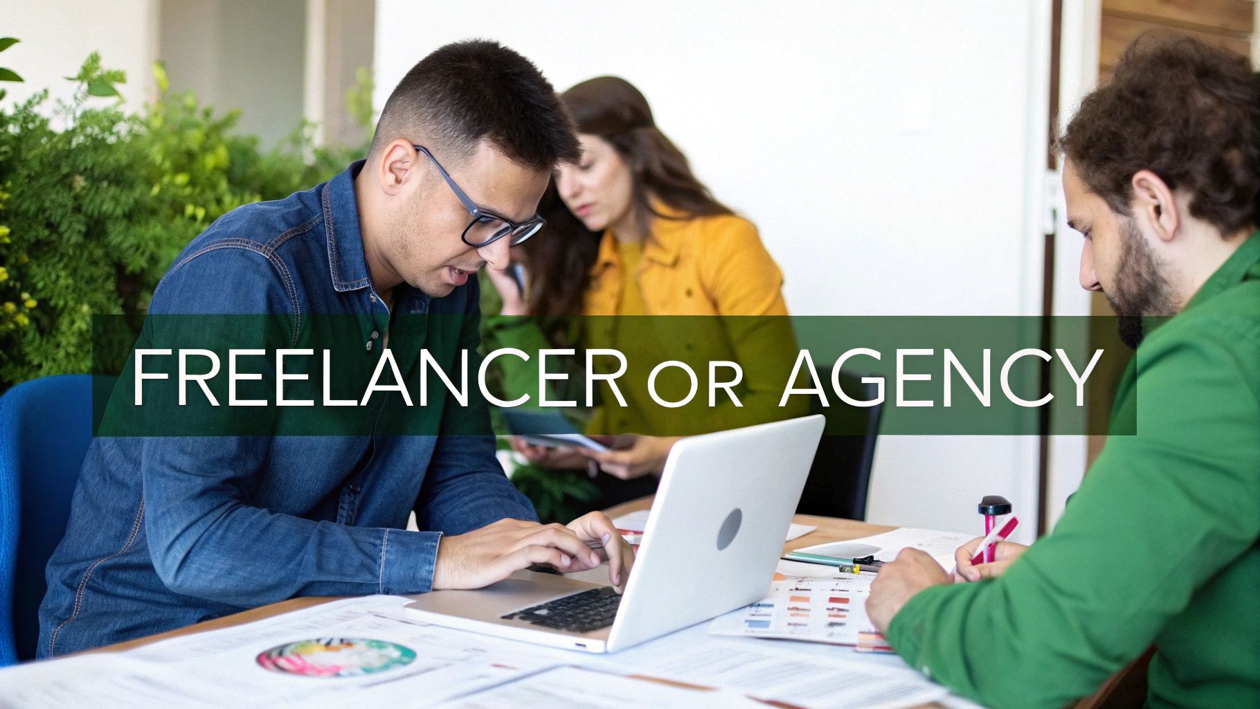 A freelancer and a web design agency team being compared side by side.