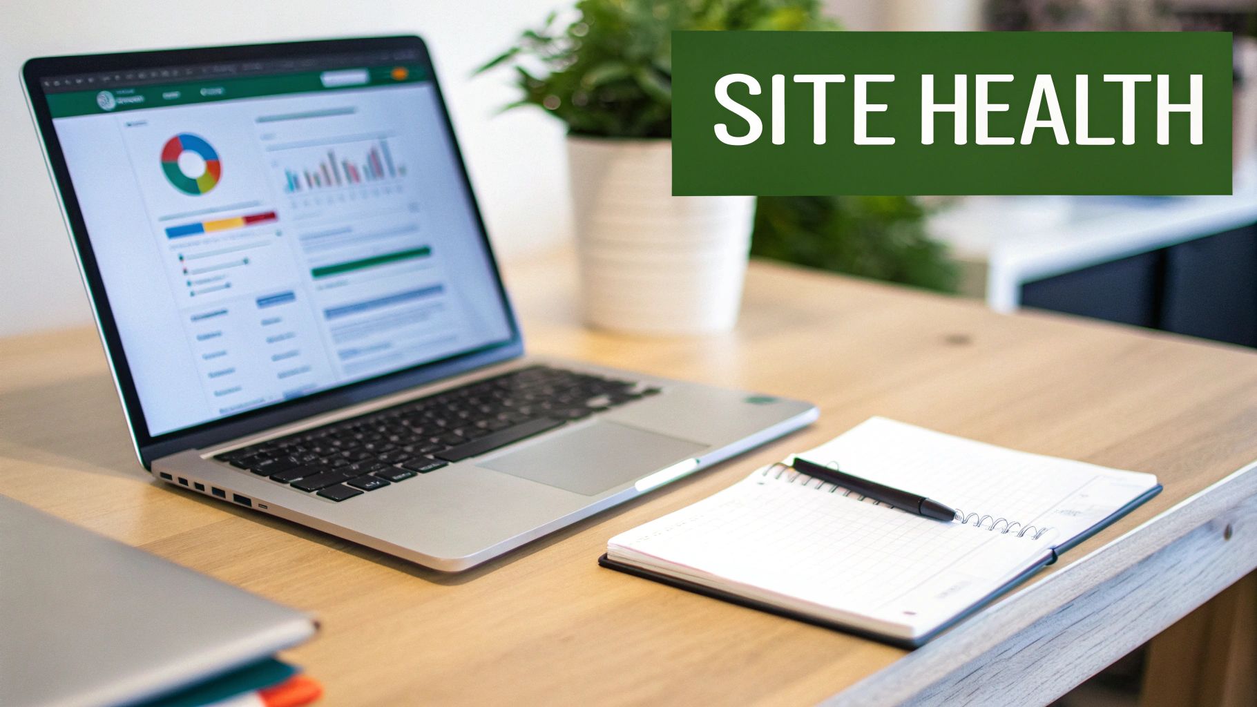 A laptop screen displays site health analytics with charts and graphs, beside a notepad and pen.
