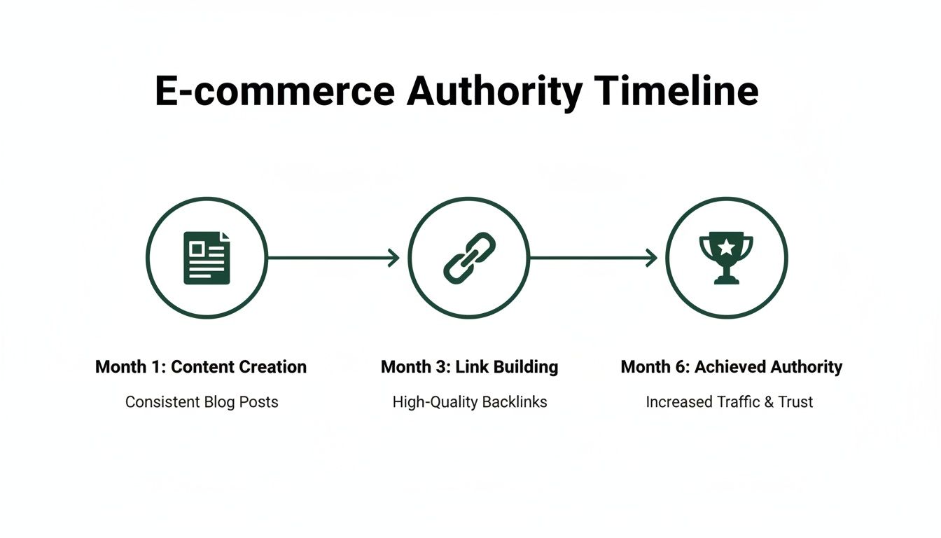 Timeline illustrating E-commerce Authority steps: Month 1 Content Creation, Month 3 Link Building, Month 6 Achieved Authority.