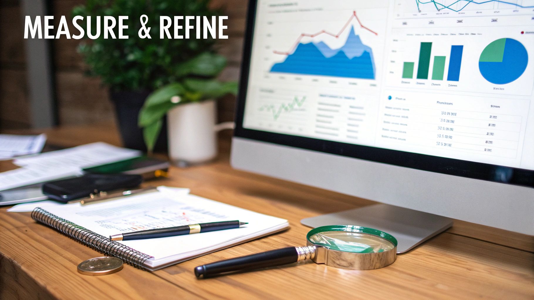 Desktop monitor showing performance metrics with charts and graphs, beside a notebook and magnifying glass.