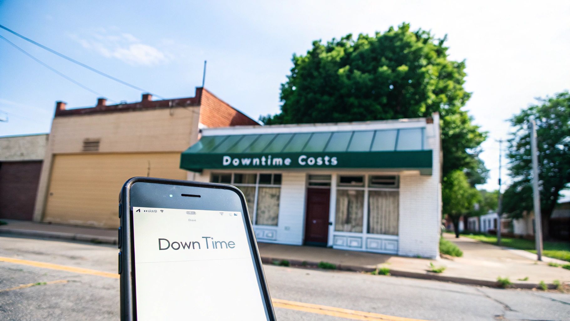 A smartphone displays 'Down Time' with a building in the background featuring a prominent 'Downtime Costs' sign.