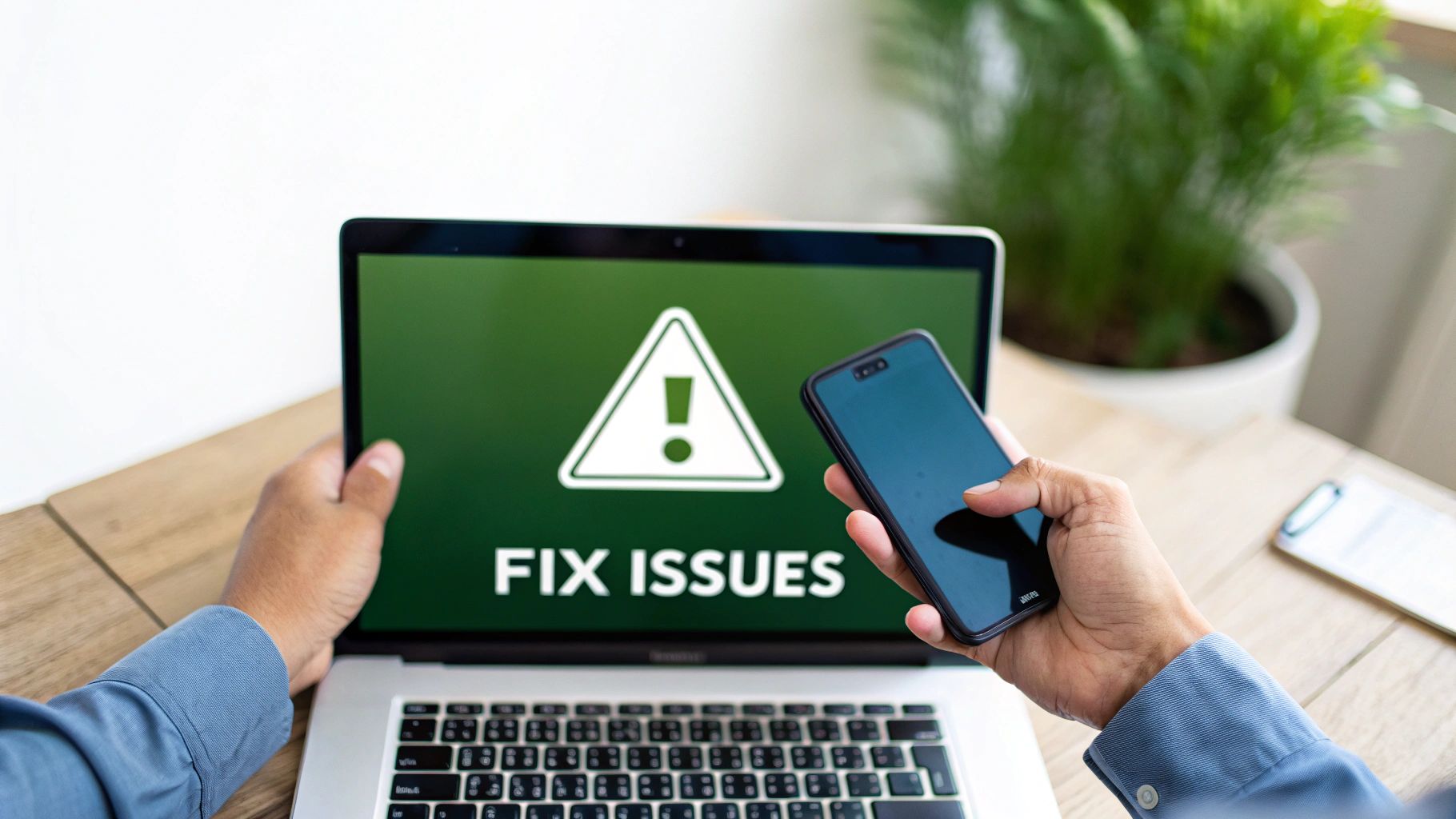 Hands holding a smartphone in front of a laptop displaying a 'fix issues' warning message.