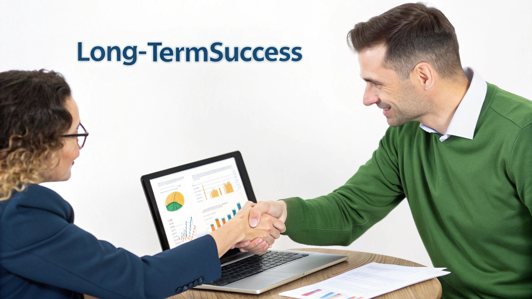 Two business professionals shaking hands over a laptop displaying financial data, symbolizing long-term success.