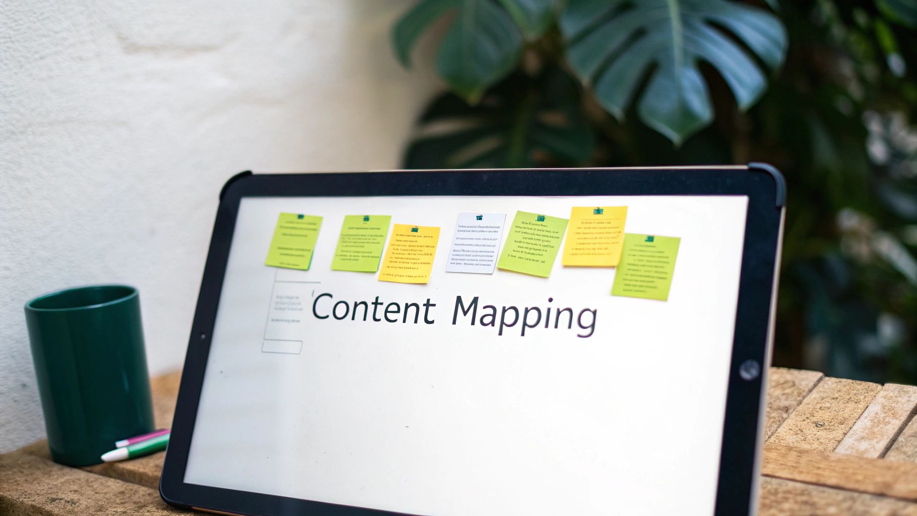 A person at a desk strategically mapping keywords to different types of content on a website flowchart.