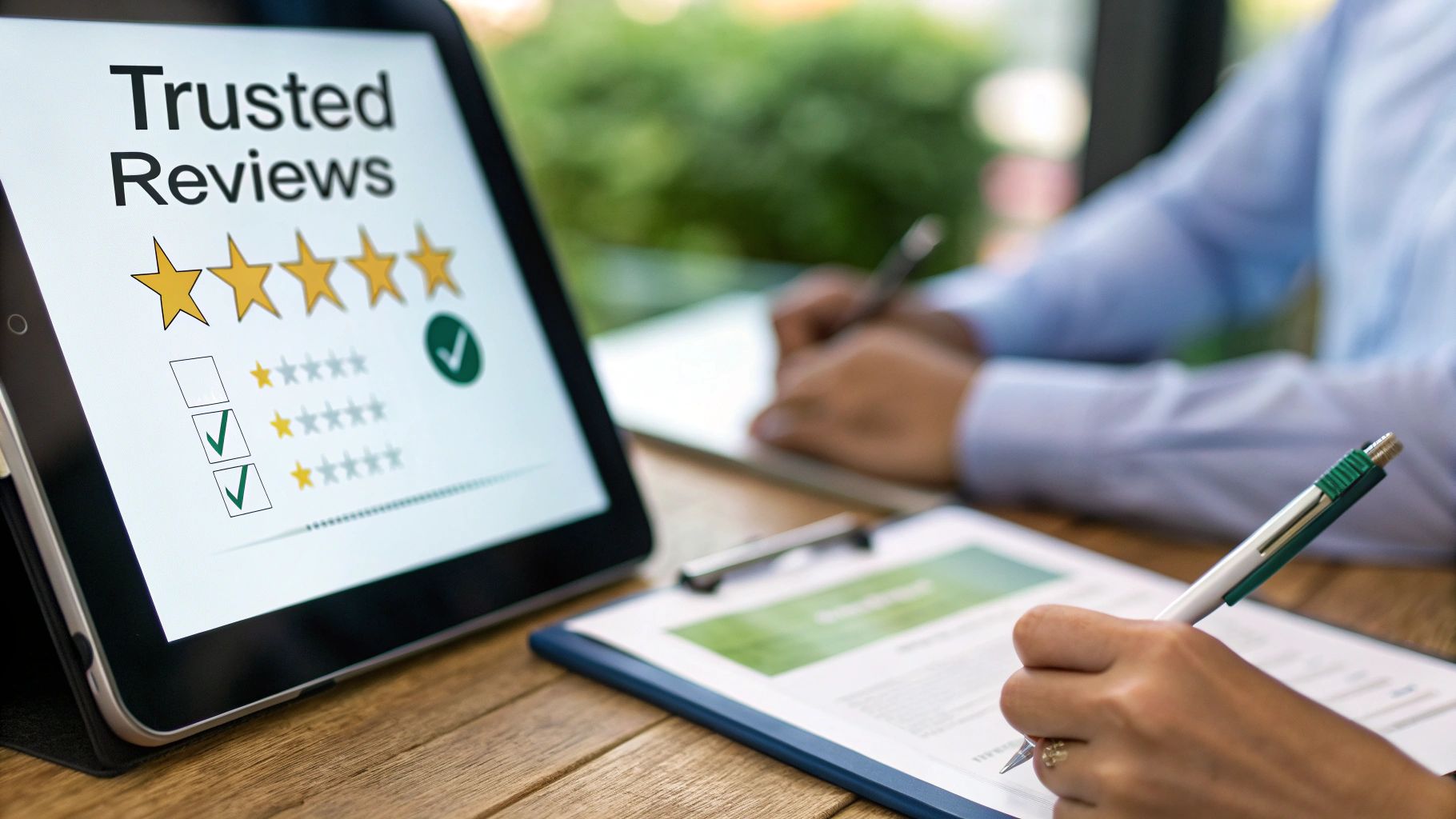 A tablet displays 'Trusted Reviews' with a 4-star rating, while people write on documents.
