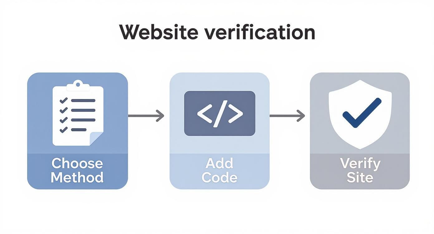 Infographic illustrating a three-step website verification process: choose method, add code, then verify site.