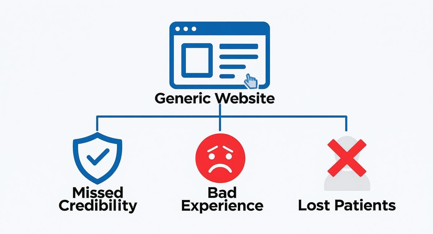Infographic showing that a generic website leads to missed credibility, a bad user experience, and ultimately lost patients.