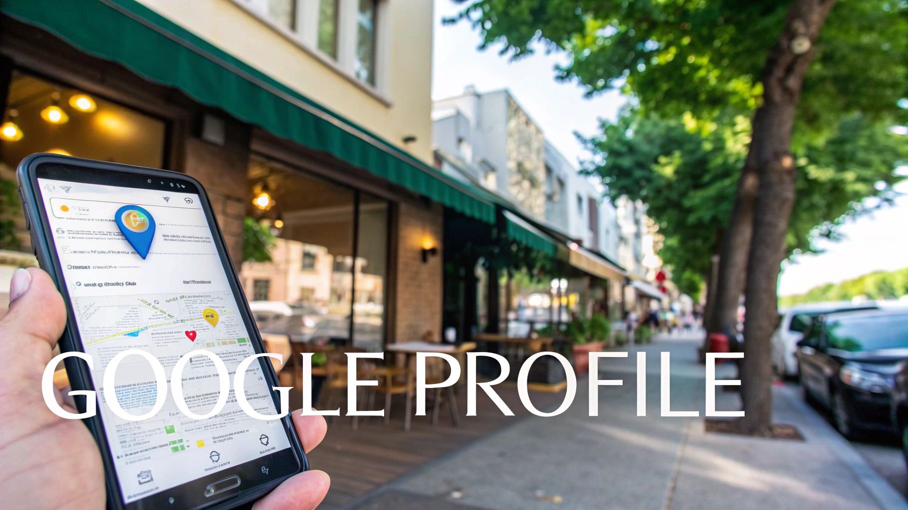 Person holding smartphone displaying Google My Business profile map on city street storefront
