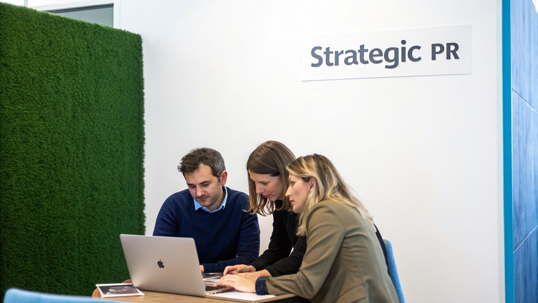 Three professionals collaborating around a laptop in a modern office with a 'Strategic PR' sign.