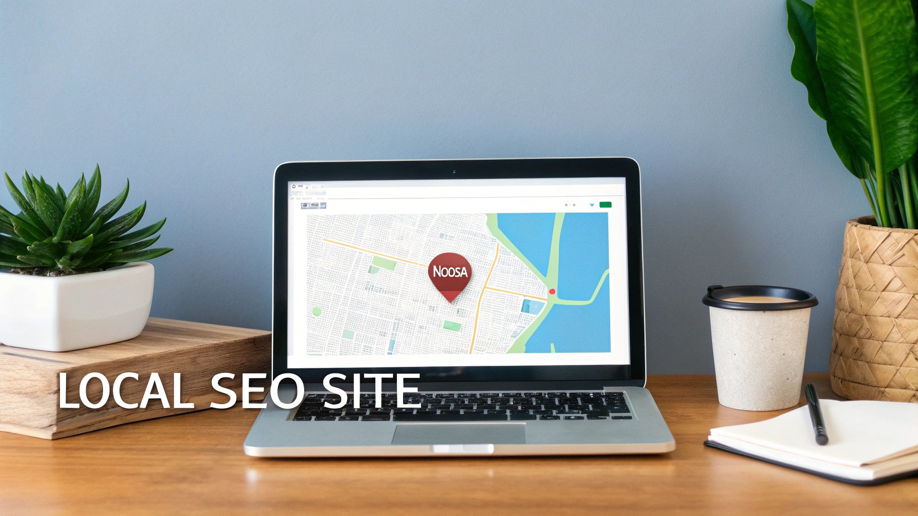 A laptop on a wooden desk displays a map with a Noosa pin, next to plants and coffee, for local SEO.