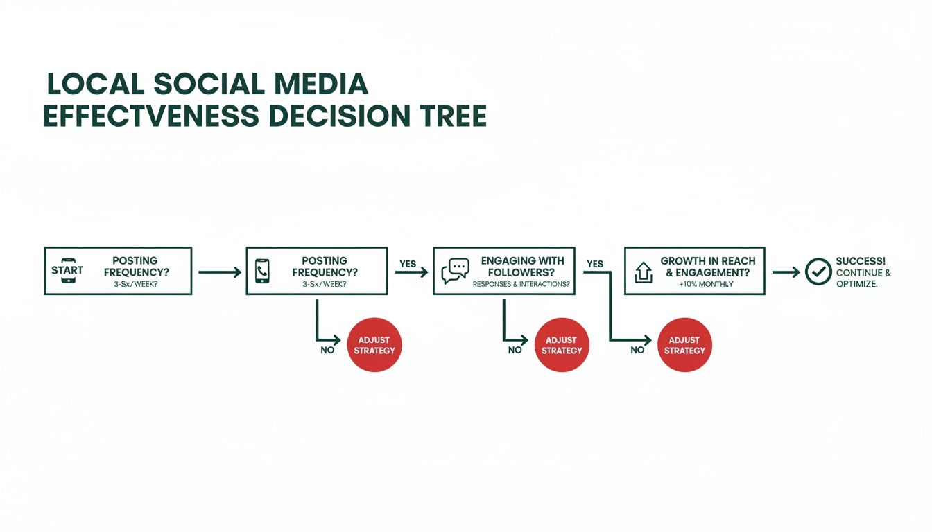 A decision tree illustrating local social media effectiveness, covering posting frequency, engagement, and growth metrics.