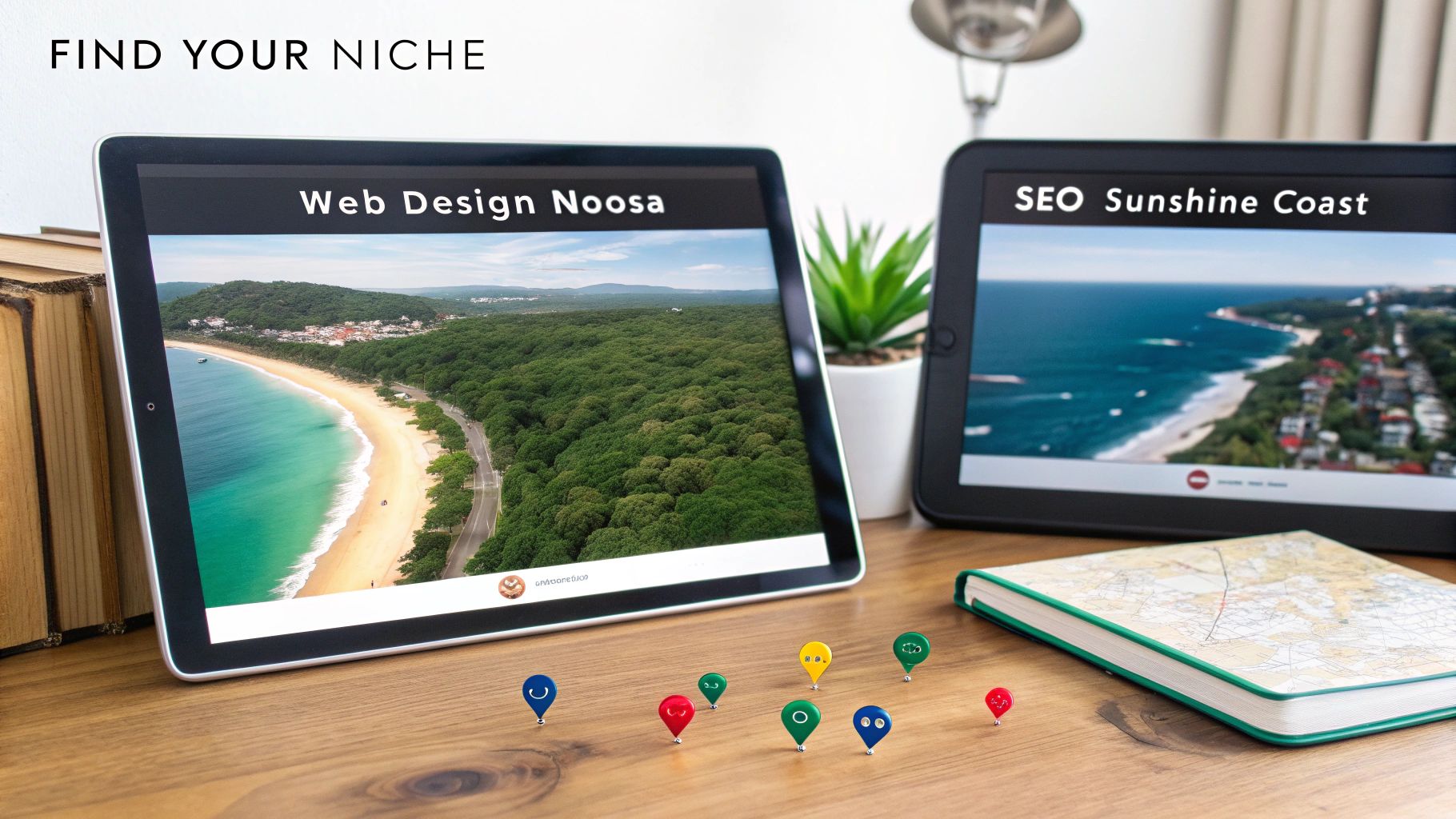 Two tablets display local web design and SEO services with colorful map pins, illustrating market niche identification.