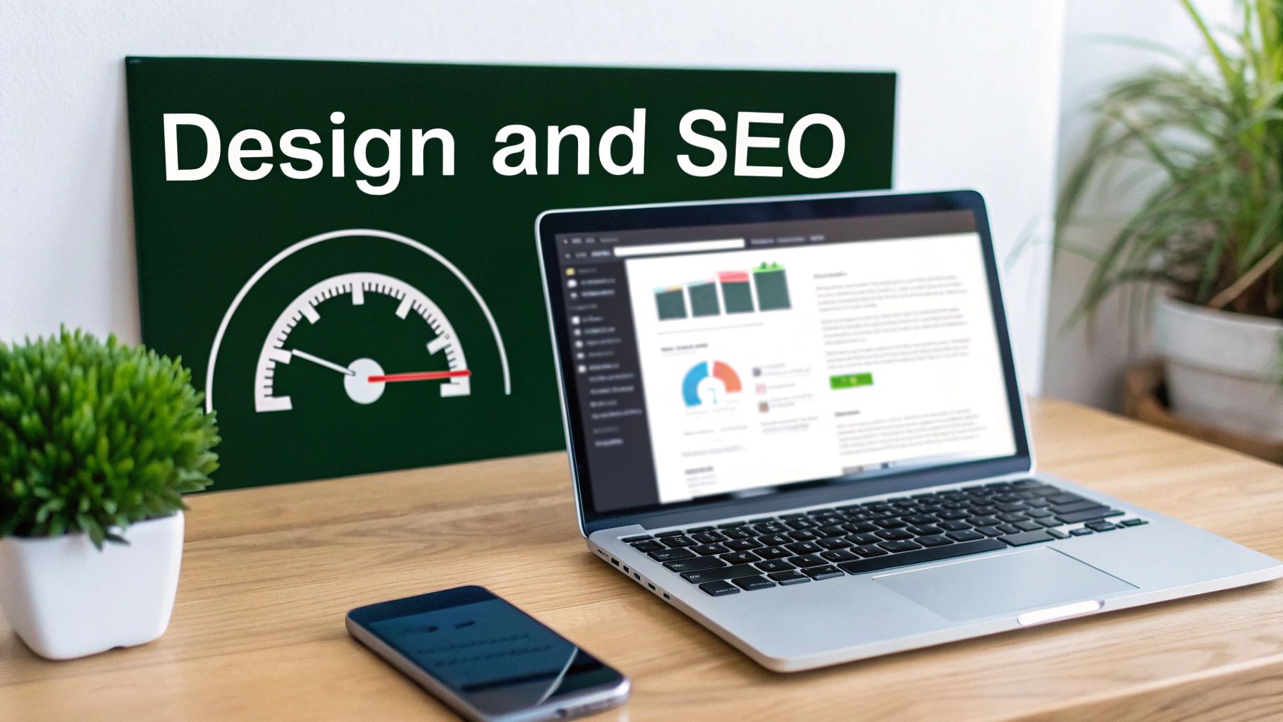 A desk with a laptop displaying analytics, a smartphone, and a sign saying "Design and SEO" with a gauge.