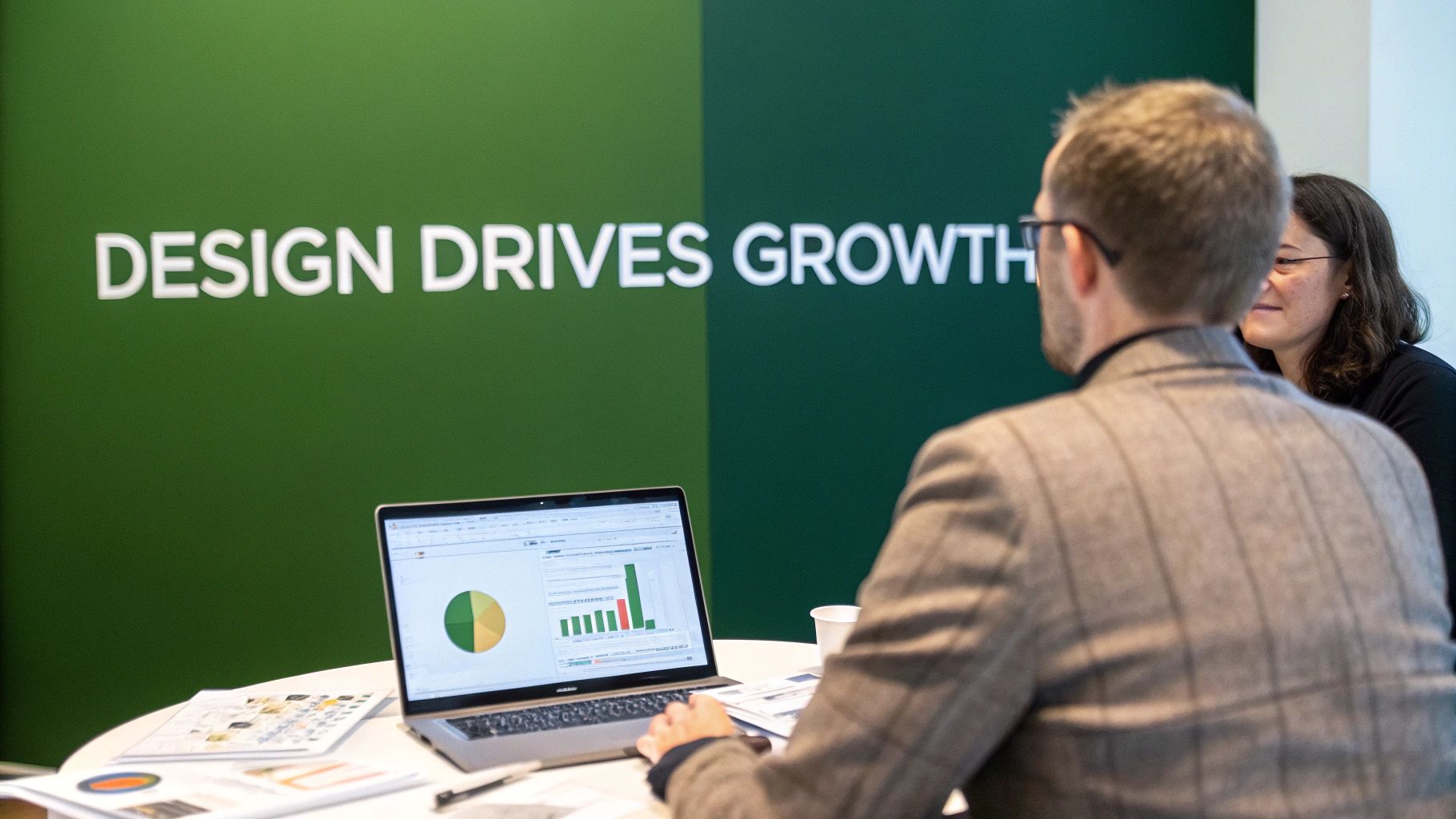 A person pointing at graphs and charts on a screen, showing business growth.