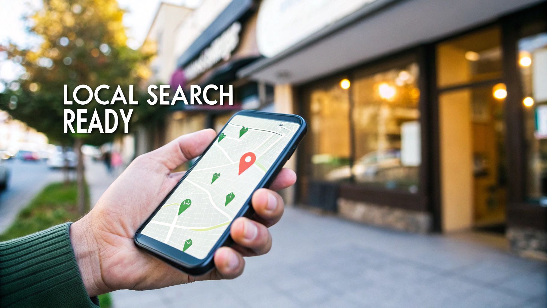 A person's hand holds a smartphone showing a map with location pins, emphasizing local search readiness.