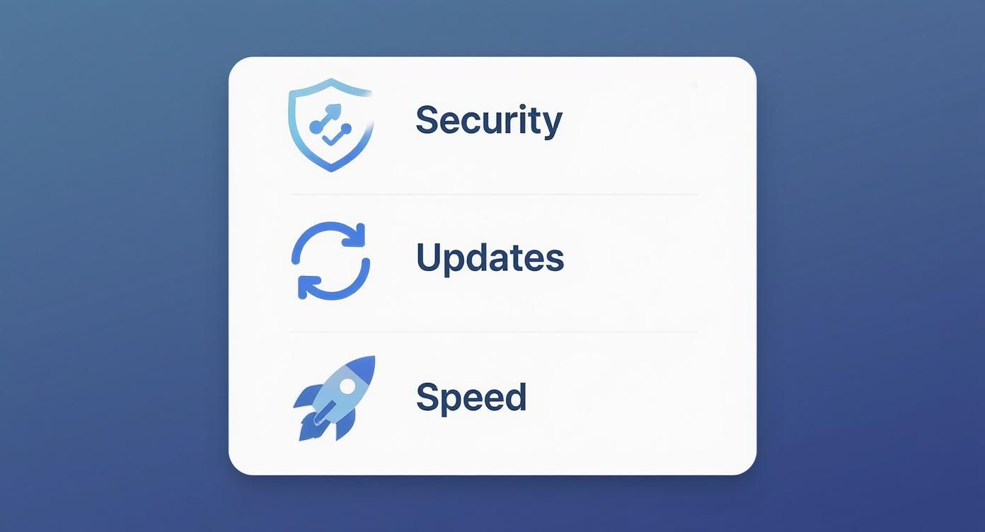A white card displaying three features: Security, Updates, and Speed with their respective icons.