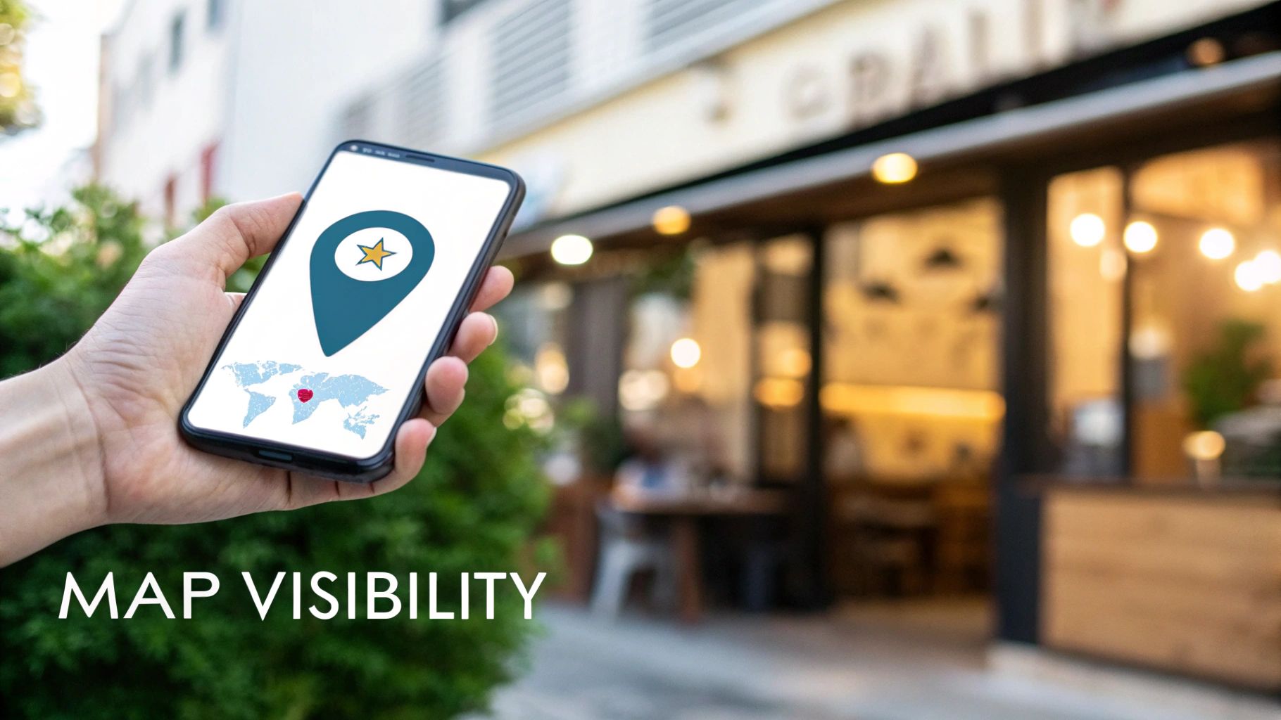 Hand holding a smartphone displaying a map pin icon with a star, enhancing local business visibility.