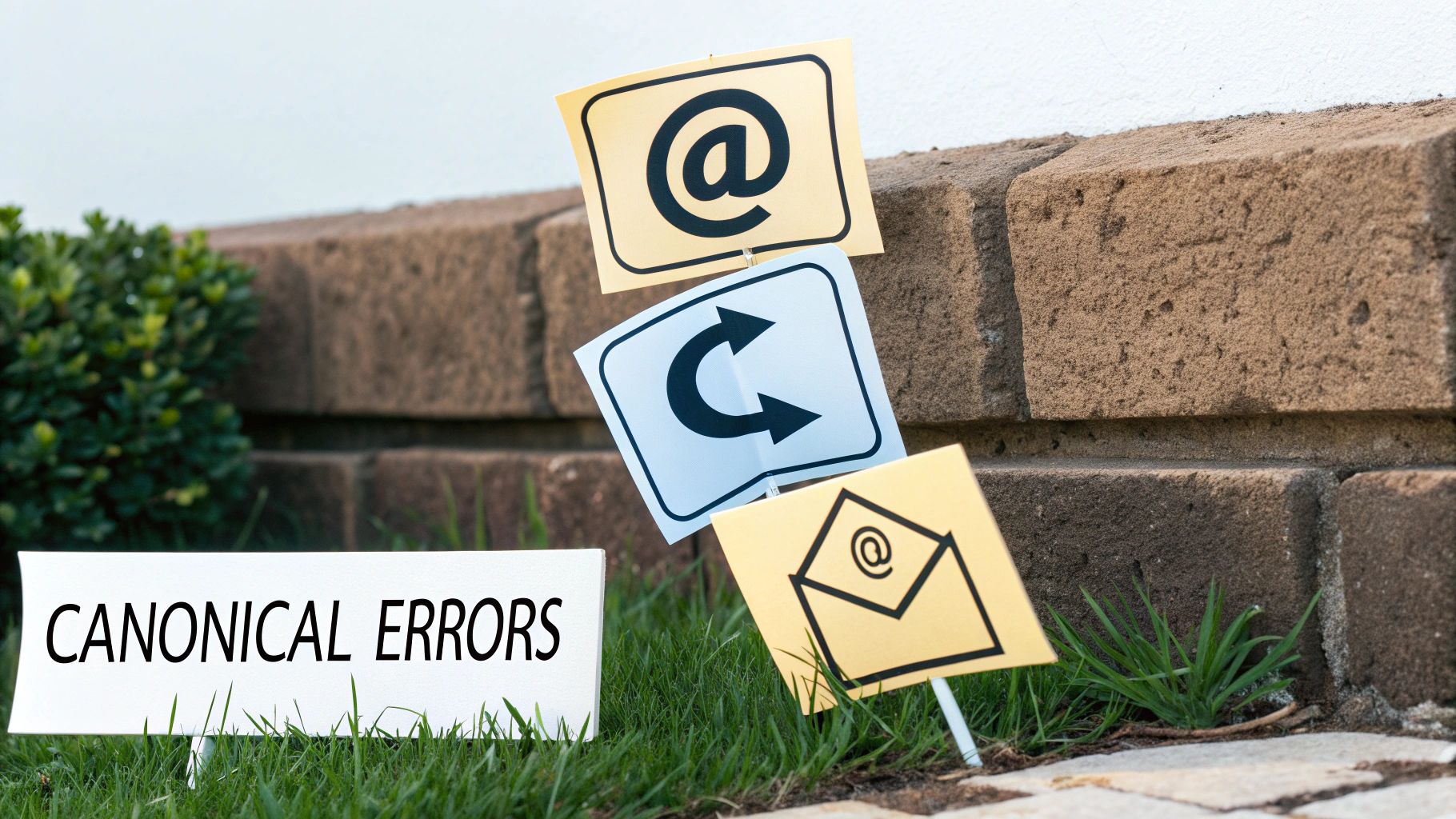 A magnifying glass highlighting a broken link icon, representing a common canonical mistake.