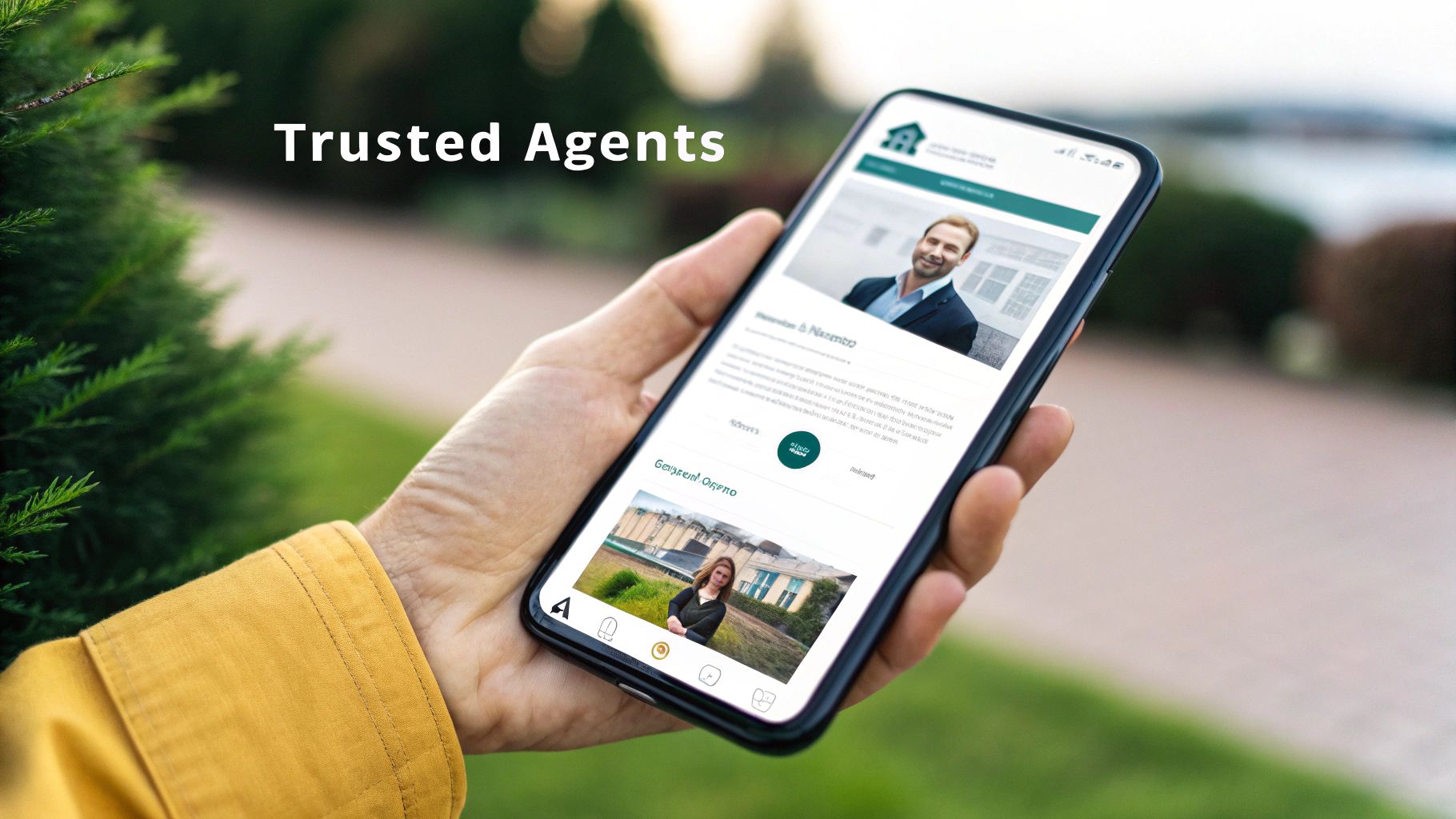 A woman browsing a real estate website on a large desktop monitor with a clean, modern interface.