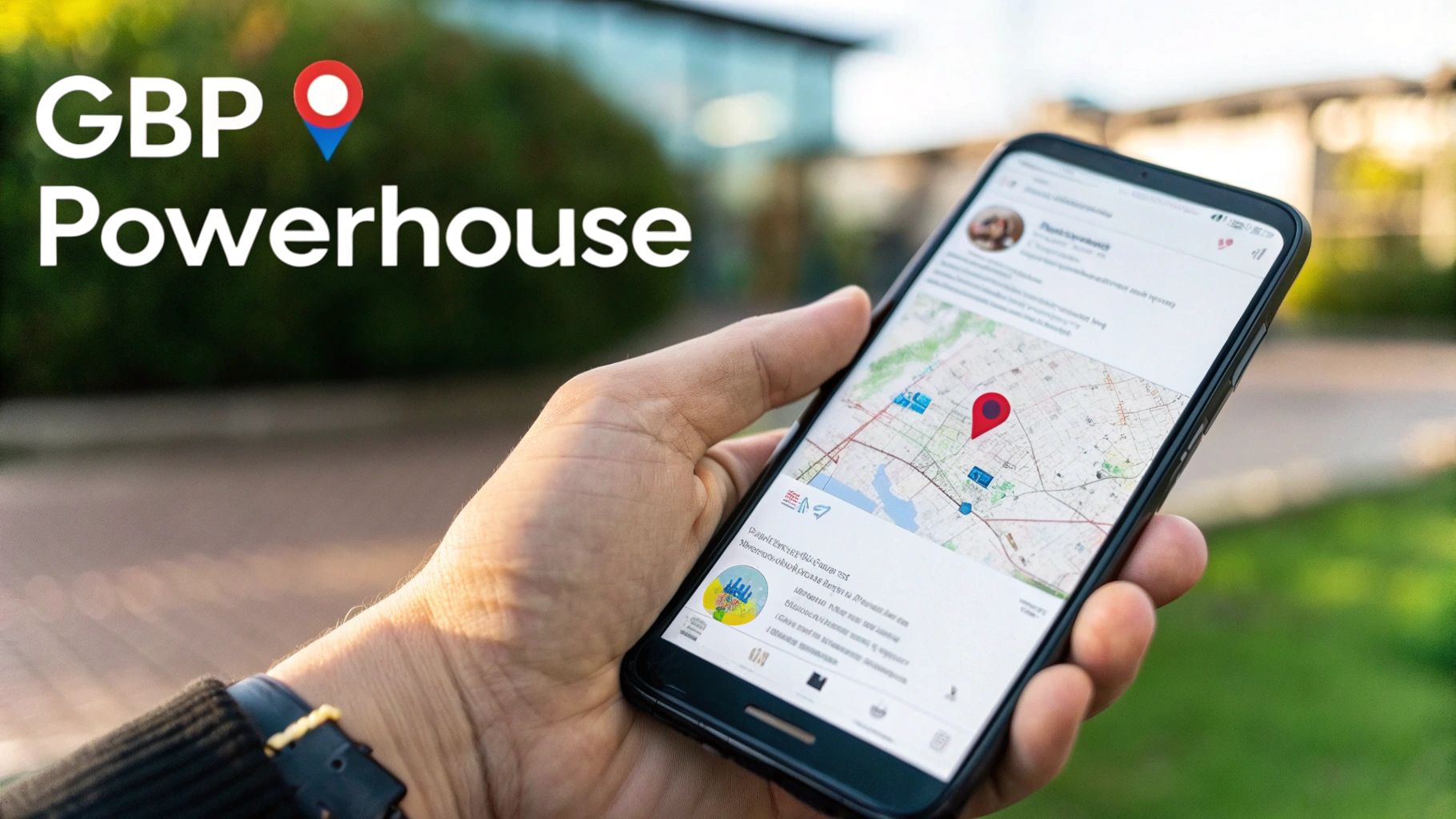 A hand holds a smartphone displaying a map application with a red location pin, outdoor background, and 'GBP Powerhouse' text.
