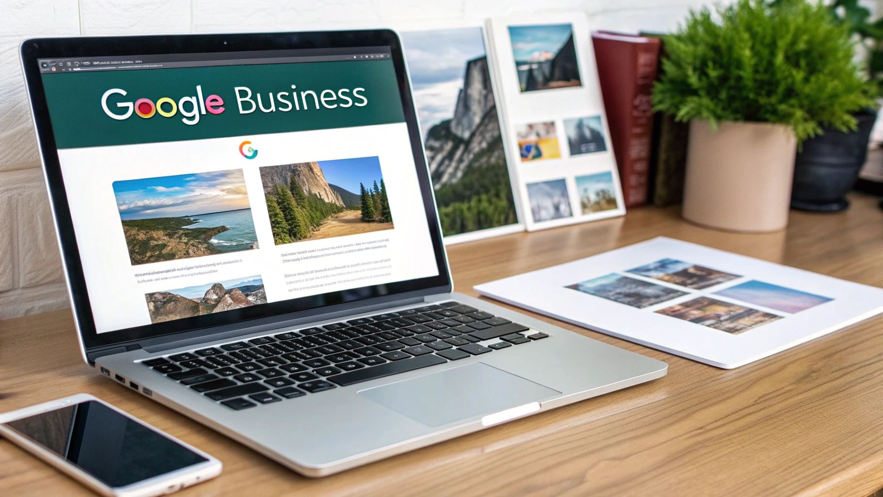 Laptop displaying Google Business profile with nature photos on wooden desk with smartphone and printed photos