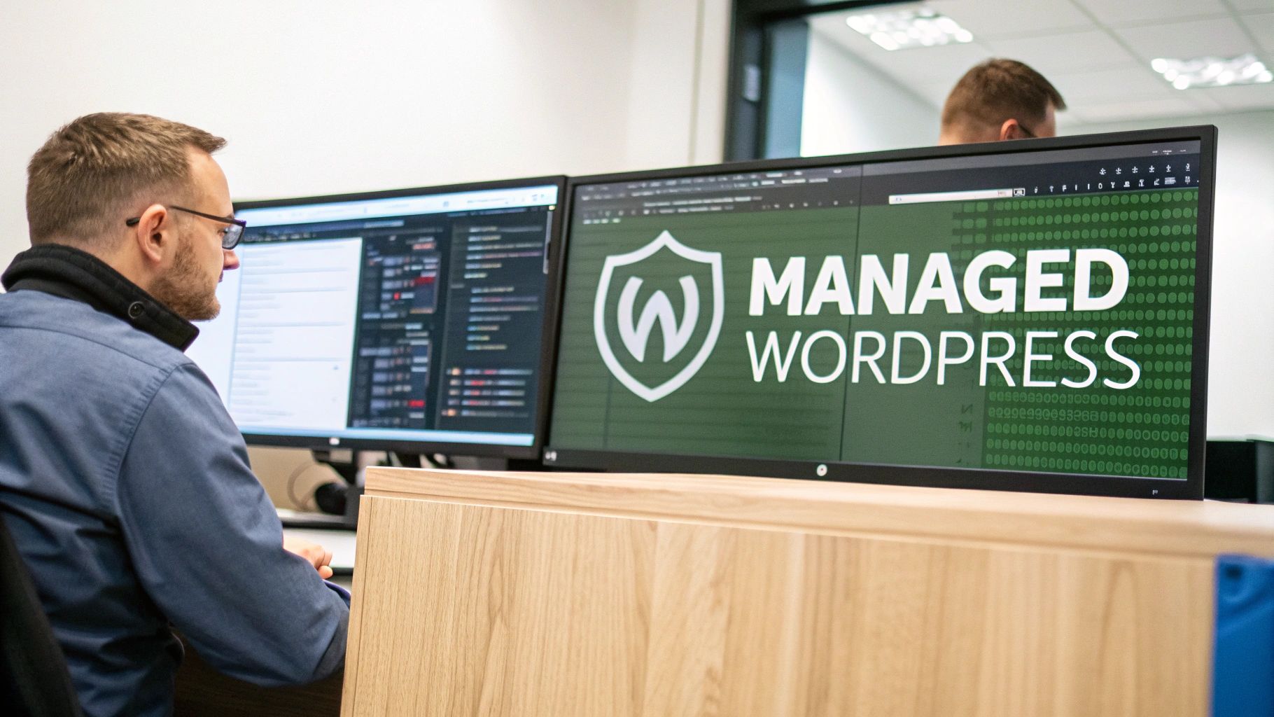 A man in glasses works on dual computer monitors in an office, one showing 'Managed WordPress'.