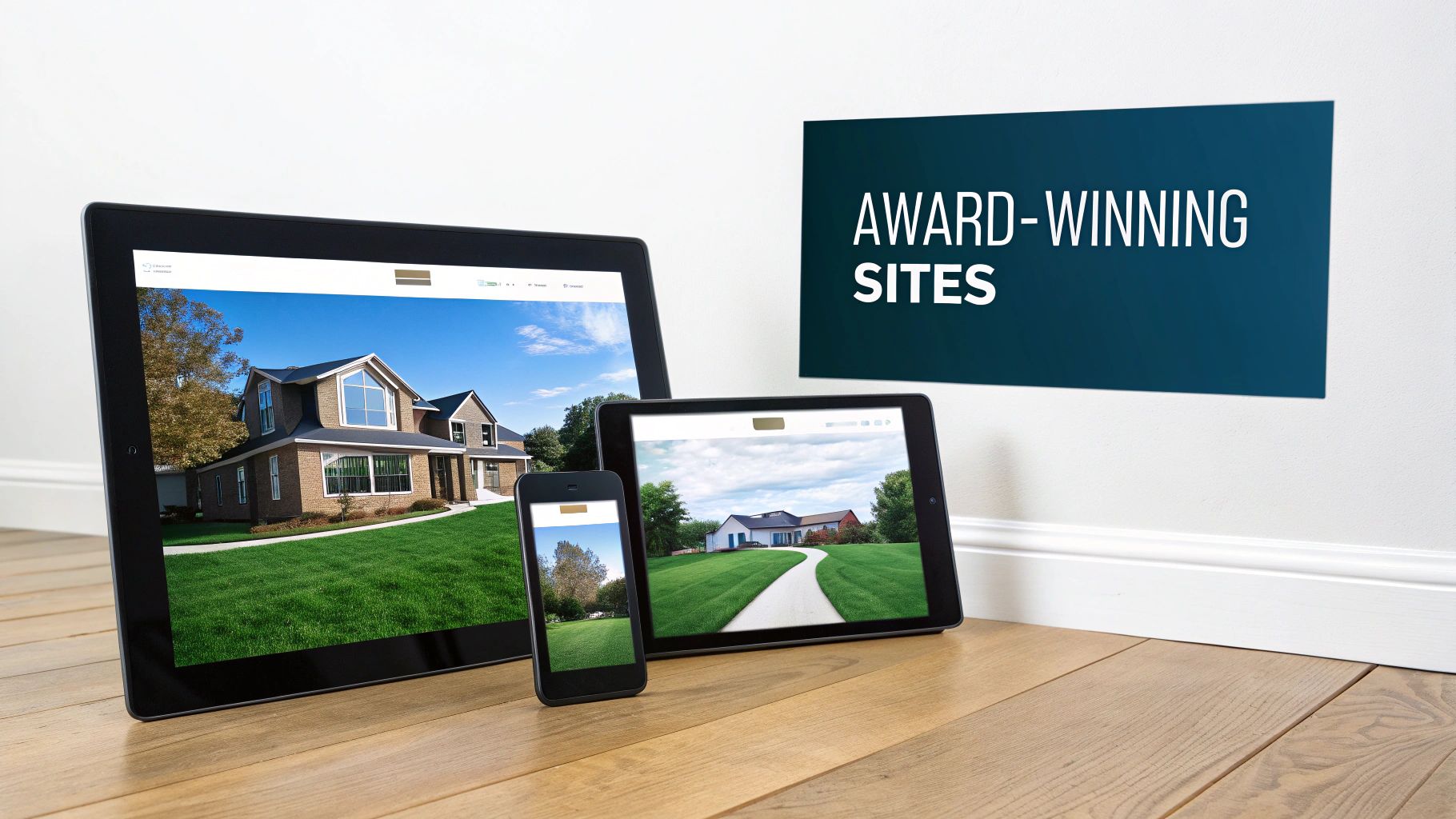 A modern and clean real estate website design showcased on a desktop computer screen.