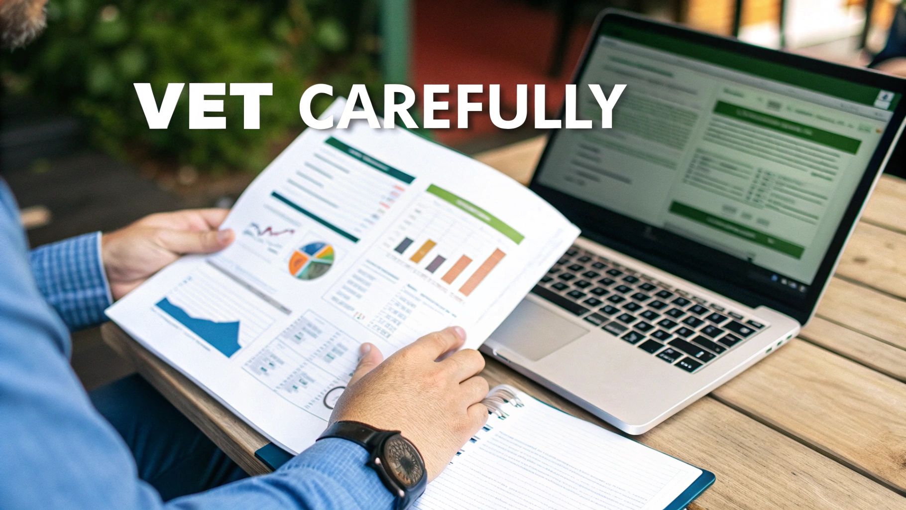 A designer presenting a website portfolio on a tablet to a small business owner.