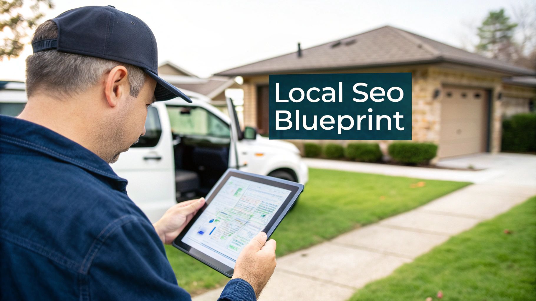 A service professional in a cap reviews a tablet outside a house with a van, showcasing a Local SEO Blueprint.