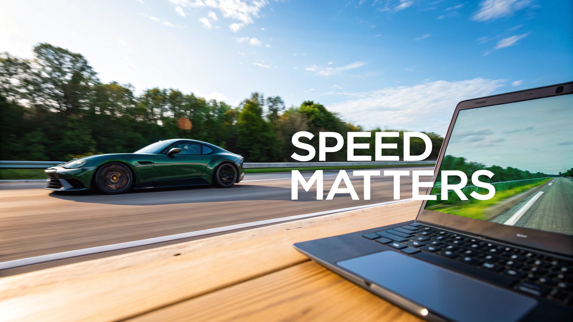 A stylised image showing a rocket taking off from a laptop, symbolising website speed.