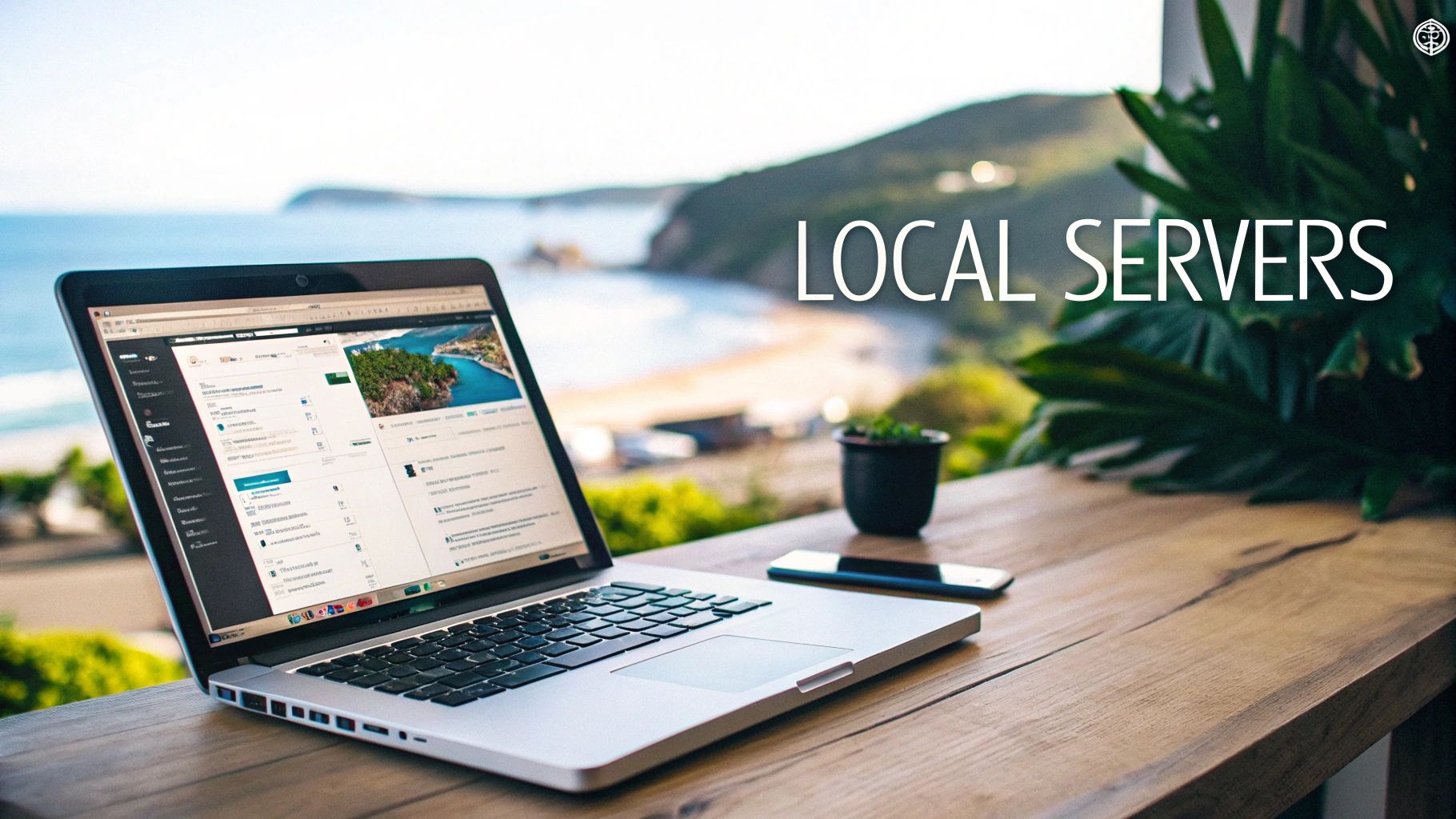 A laptop and smartphone on a wooden table, overlooking a scenic ocean bay and green hills.