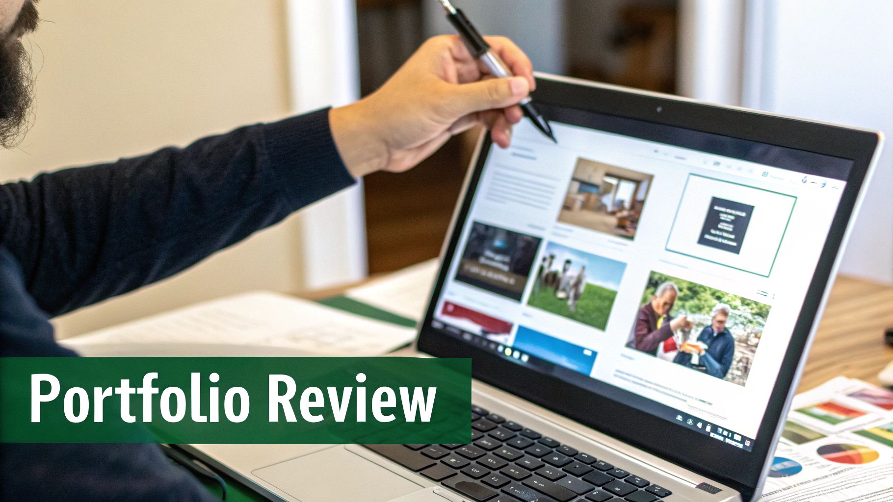 A designer reviewing website mockups on a large screen in a modern office.