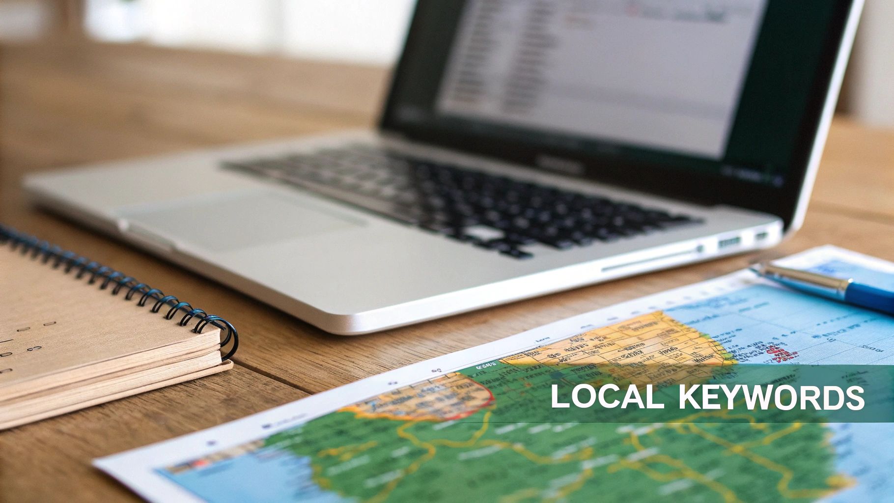 A laptop, spiral notebook, map, and pen on a wooden desk, with 'LOCAL KEYWORDS' on the map.