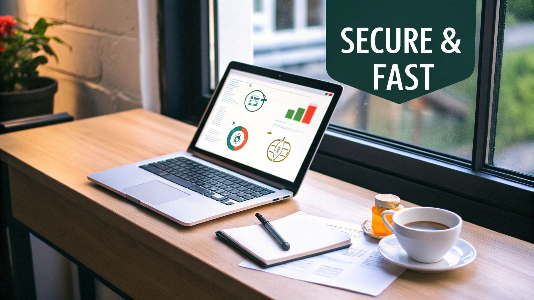 Modern workspace with a laptop showing business data, a cup of coffee, and a notebook on a wooden desk.