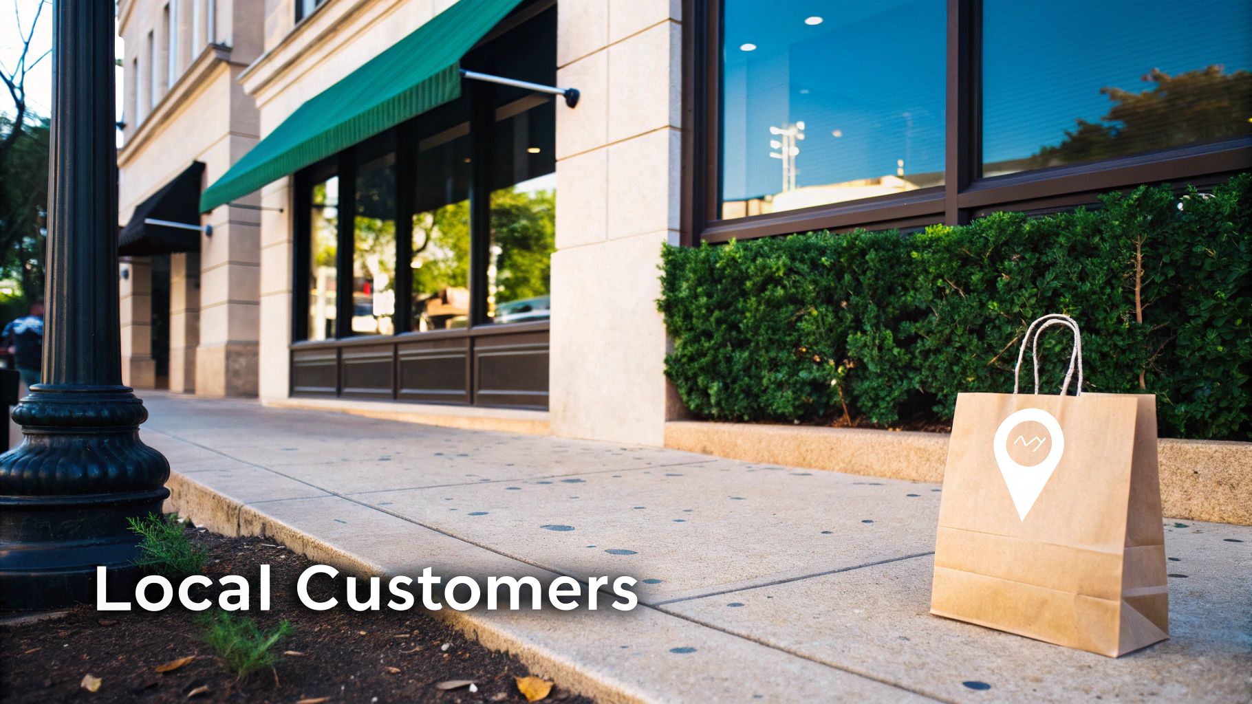 A brown paper shopping bag with a location pin icon sits on a sidewalk in front of local storefronts, emphasizing local shopping.