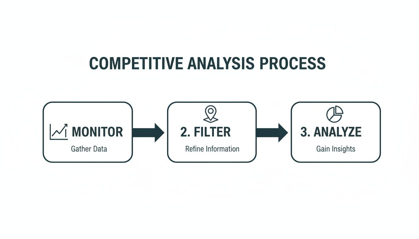 A diagram illustrating the competitive analysis process: Monitor, Filter, Analyze for insights.