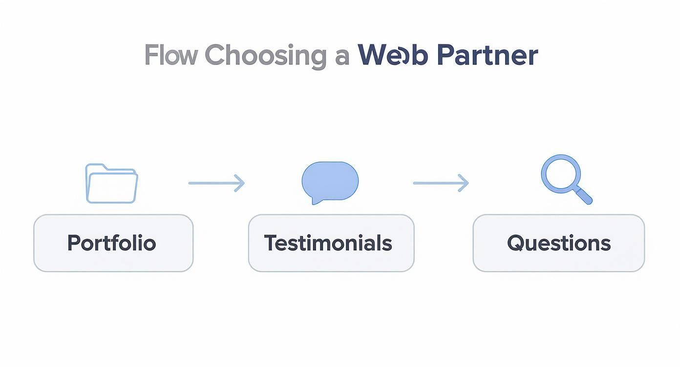 Flowchart showing three steps for choosing a web partner: portfolio, testimonials, and questions