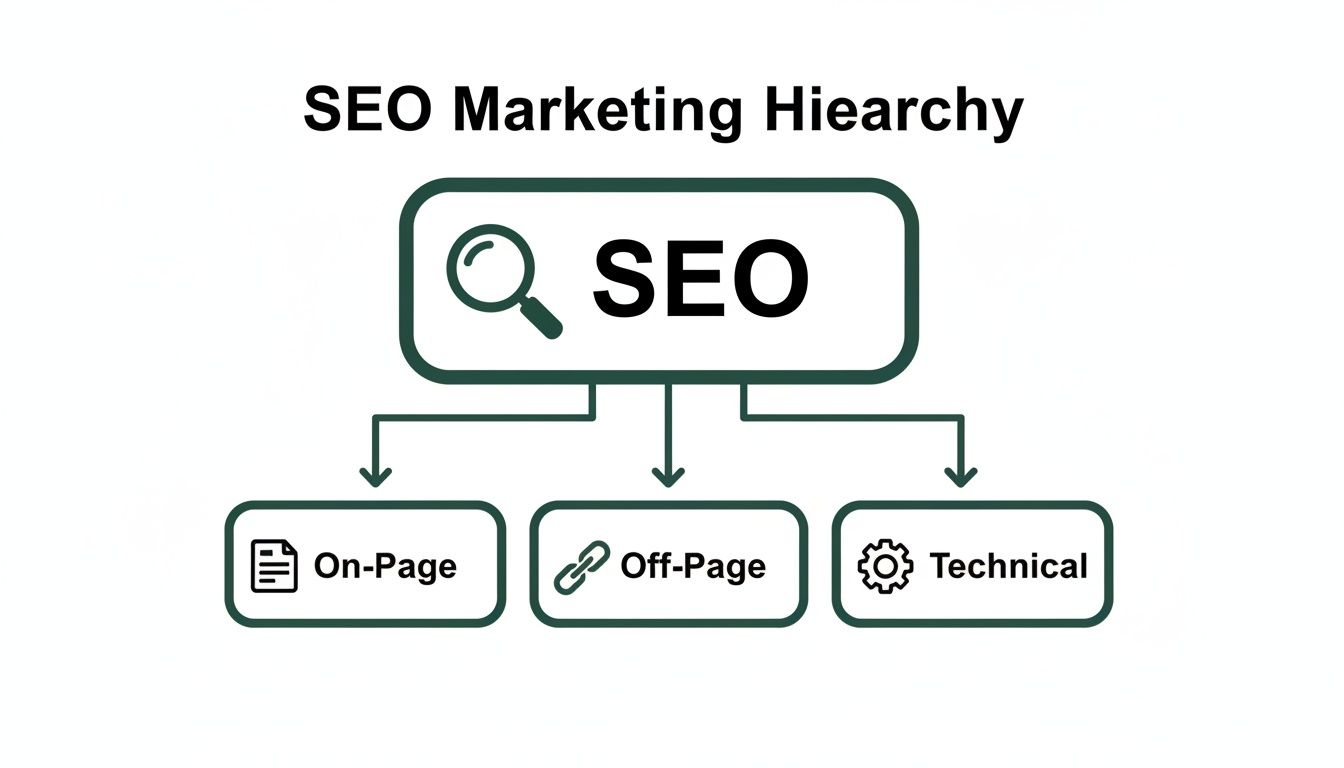 Diagram showing the SEO Marketing Hierarchy with On-Page, Off-Page, and Technical categories.