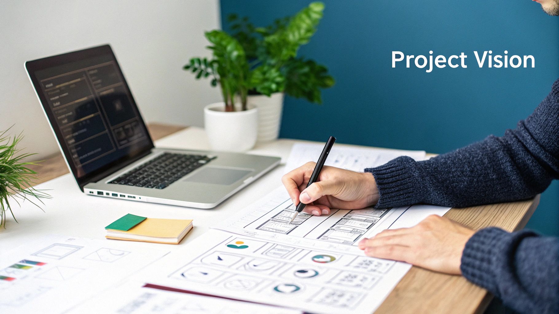 A team of web developers collaborating around a desk with laptops and sticky notes.