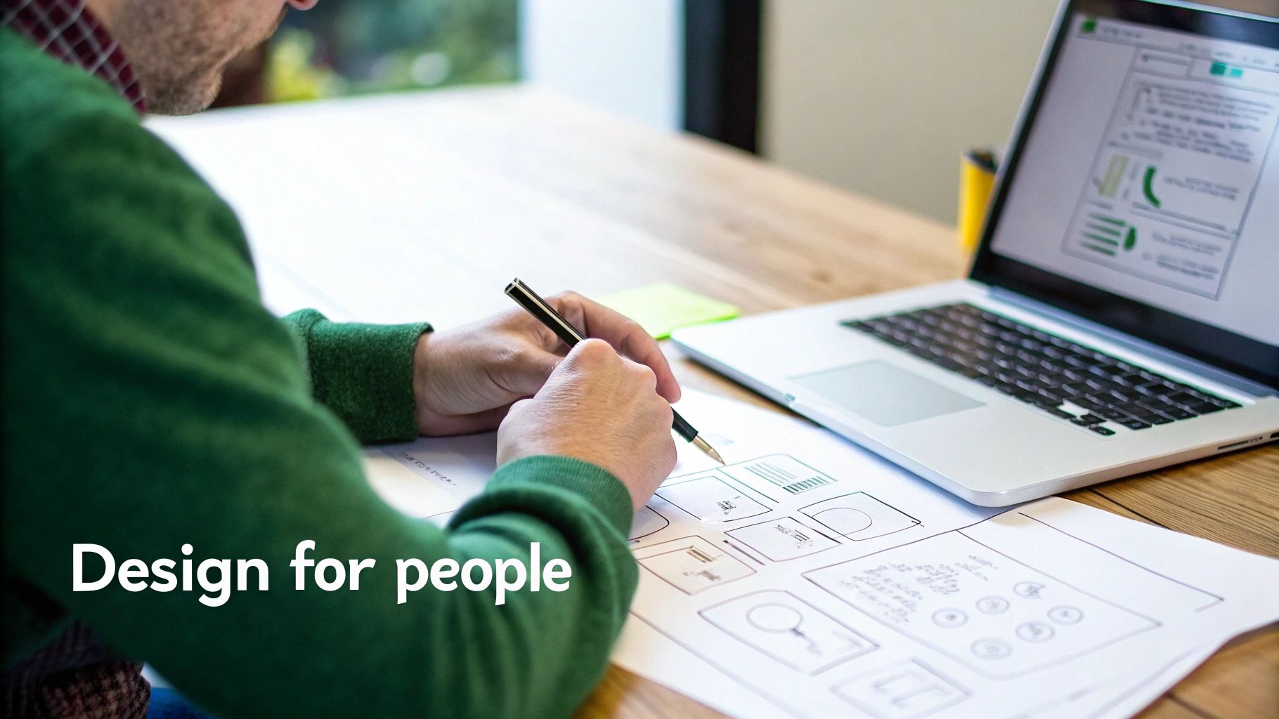 A designer wireframing a user interface on a whiteboard