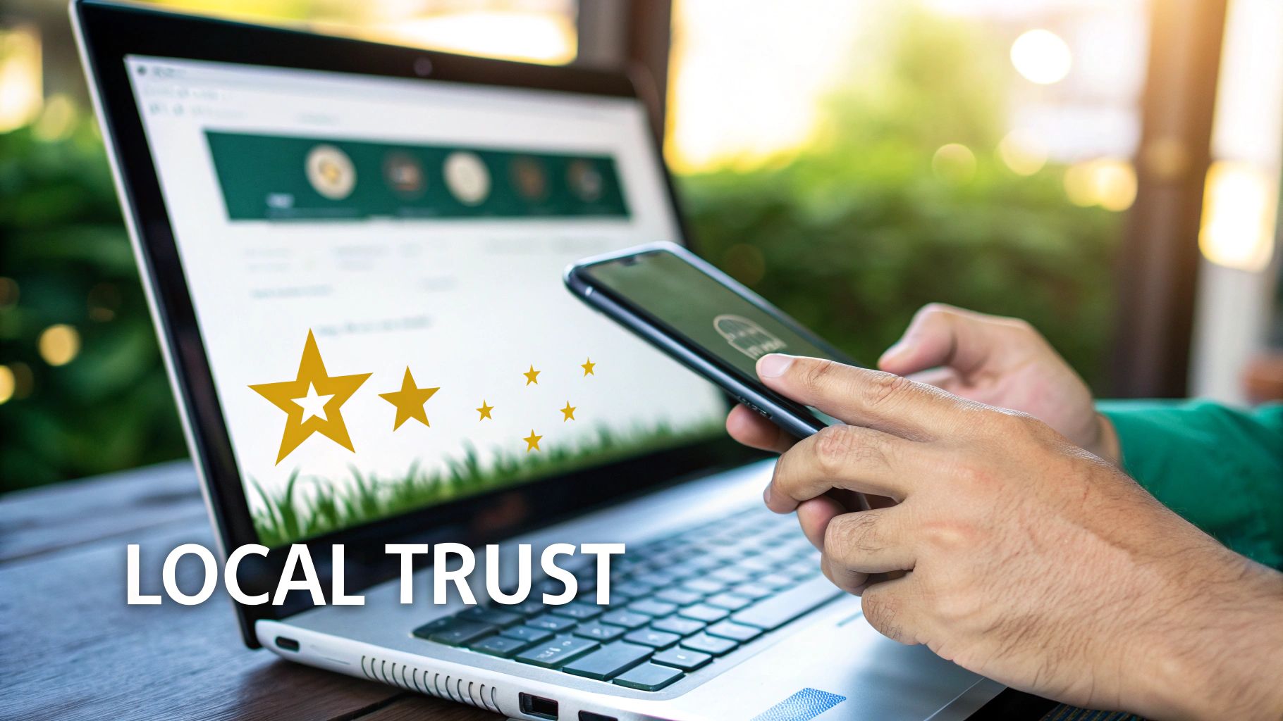 Hands using a smartphone and laptop displaying stars and 'LOCAL TRUST' text, symbolizing online reviews.