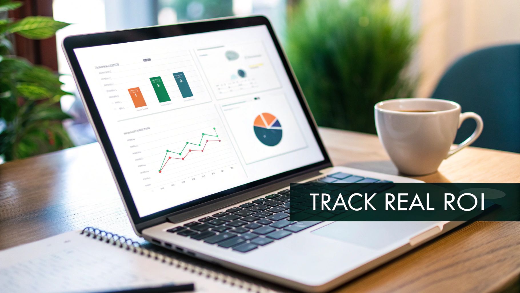 A laptop displaying various marketing ROI charts and graphs, with a coffee cup and notebook on a wooden desk.