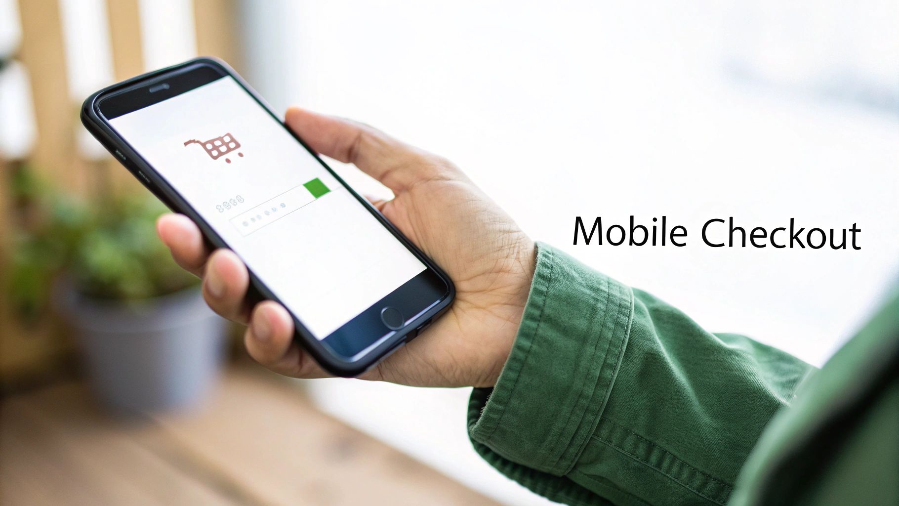 A hand holding a smartphone displaying an e-commerce checkout screen with a shopping cart icon and 'Mobile Checkout' text.